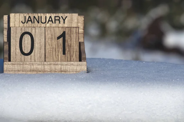 Wooden Calendar January Date Standing Snow Outdoors Nature — Stock Photo, Image