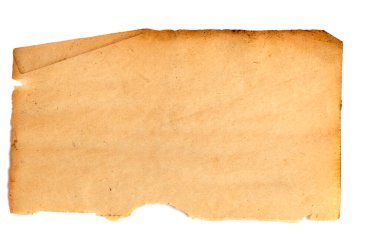Beyaz arkaplanda izole edilmiş eski hasarlı kağıt tabaka.