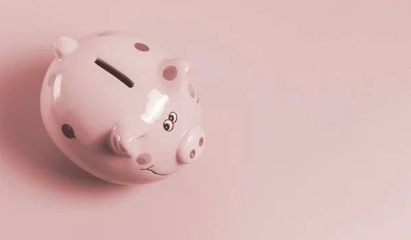 Pembe arka planda pembe seramik domuz kumbarasının yukarıdan görüntüsü.