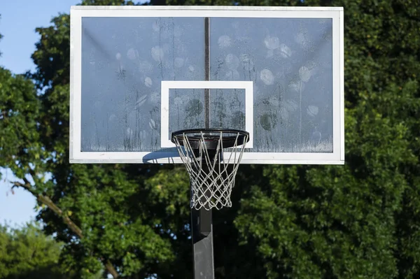 Plastic modern basketball board with hoop and net in nature.