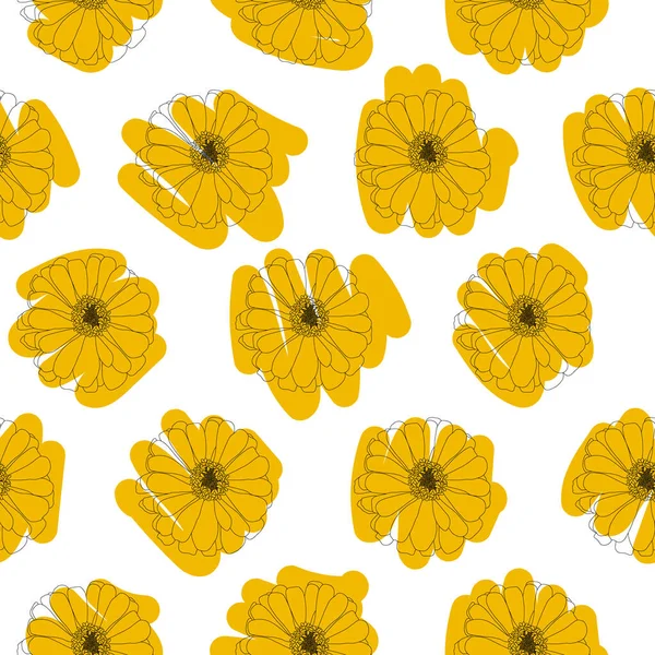 Czarny Ręcznie Rysowane Kwiaty Wektor Żółty Bazgroły Odizolowany Bezszwowy Wzór — Wektor stockowy