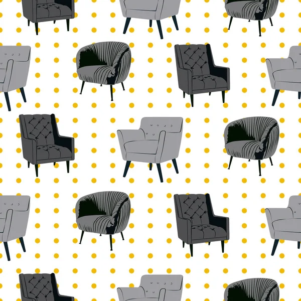 Gray Chairs Yellow Dots Background Vector Seamless Pattern Isolated White — Stock Vector