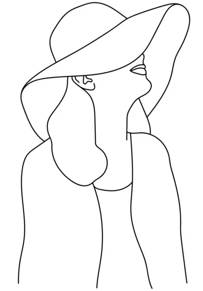 Mujer Con Gran Sombrero Negro Línea Arte Aislado Vector — Vector de stock