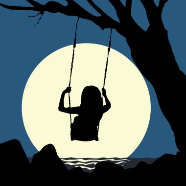 Deniz kenarındaki bir ağaçta sallanan aptal ay vektörü illüstrasyonuyla sallanan kız