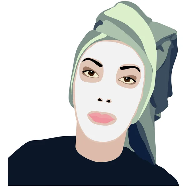 Mujer Con Una Máscara Facial Cosmética Blanca Turbante Pelo Vector — Vector de stock