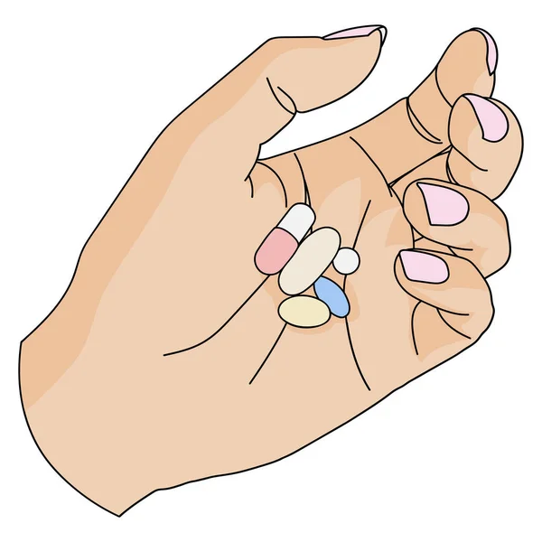 손으로 삽화에 나오는 알약들 — 스톡 벡터