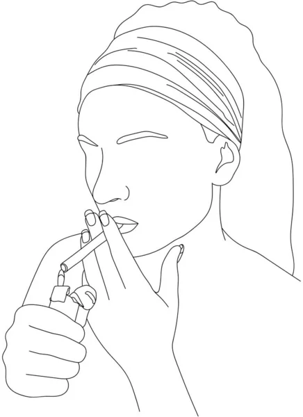Donna Illuminazione Linea Sigarette Arte Isolato Vettoriale Illustrazione — Vettoriale Stock