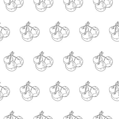 Sapında üç tatlı kiraz, siyah çizgi, kusursuz desen çiziyor.