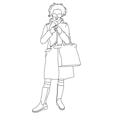 Çanta taşıyıcı illüstrasyonlu ceketli bir kız. Renkler için çizgi sanatı, beyazda izole.