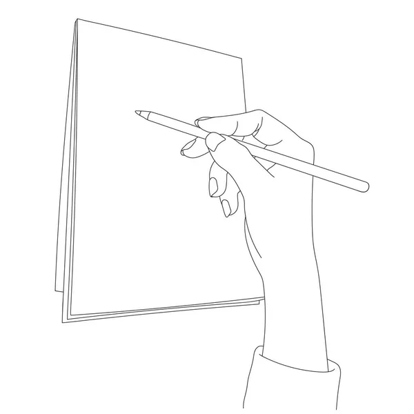 Hand Hält Einen Bleistift Über Papier Schwarze Linienzeichnung Isoliert Auf — Stockvektor