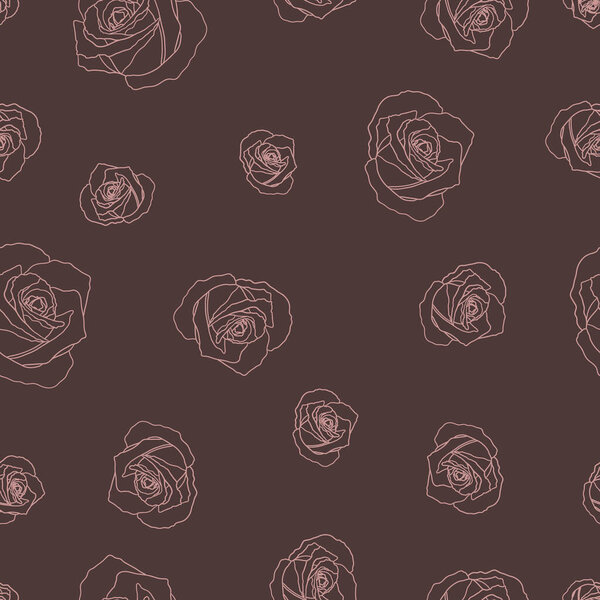 The pink line rose flowers on a brown background vector seamless pattern