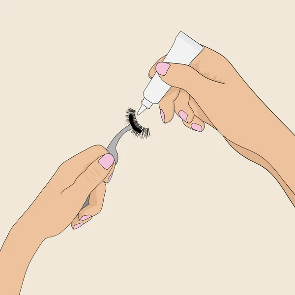 Woman Applies Glue False Eyelashes Vector Illustration — Stock Vector