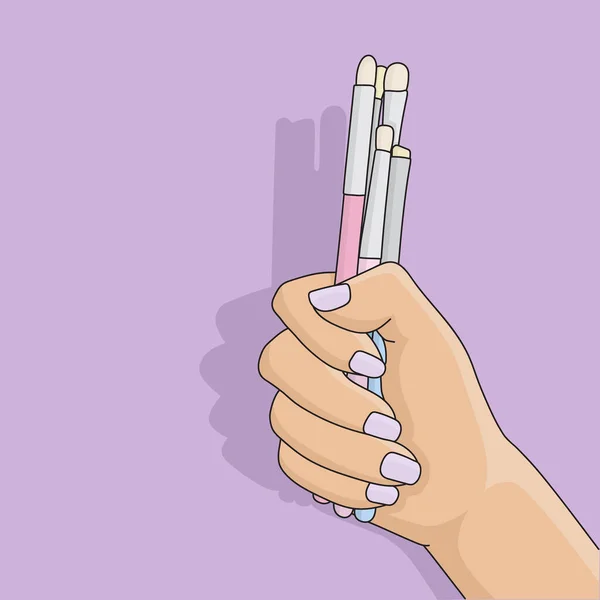 Mão Feminina Segurando Maquiagem Pincéis Vetor Ilustração Plana — Vetor de Stock