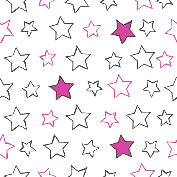 Hand Drawn Pink Black Stars Seamless Pattern — Stock Vector