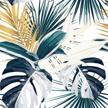 Tropik gece klasik palmiyesi, muz, bitki, altın yapraklar, çiçeksiz sınır siyah arka planı. Egzotik karanlık orman duvar kağıdı.