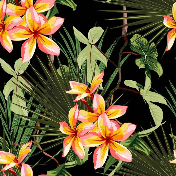 Flores Plumeria Naranja Patrón Floral Sin Costuras Con Flores Amarillas — Vector de stock