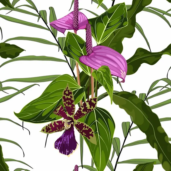 Anthurium Und Orchideenblüten Nahtloses Blumenmuster Mit Violett Glänzenden Blüten Und — Stockvektor