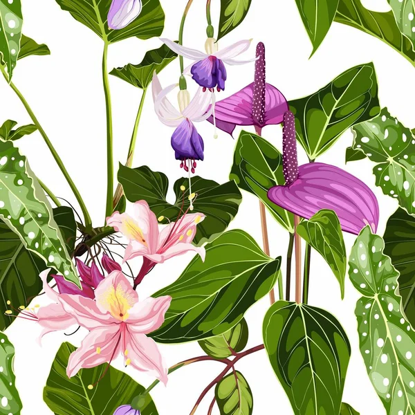 Anthurium Und Rhododendron Blühen Nahtloses Blumenmuster Mit Violett Rosa Glänzenden — Stockvektor