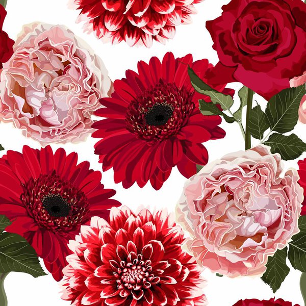Seamless floral pattern with pink red roses and gerbera flowers on white background. Summer and spring motifs. Trendy floral texture.