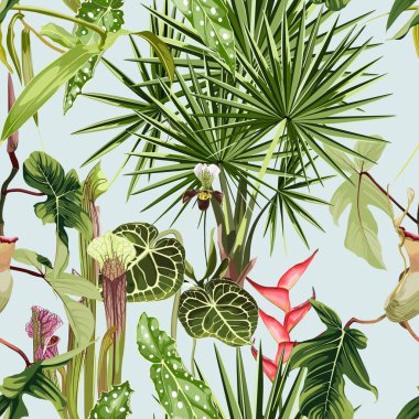 Tropical seamless pattern. Summer print. Jungle rainforest. Sarracenia, genus of carnivorous plants and orchids. Monkey cups exotic plant. Seamless floral pattern with exotic flowers and palm leaves. clipart
