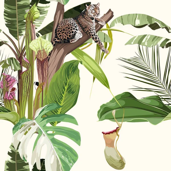 Кольоровий Квітковий Візерунок Тигровим Леопардом Який Спить Дереві Екзотичному Сарраценії — стоковий вектор