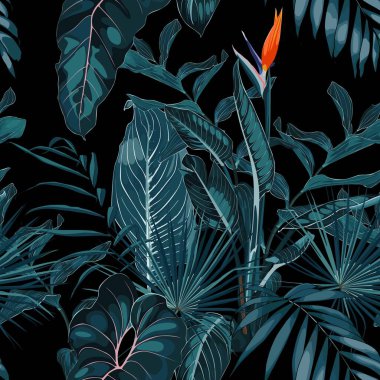 Tropikal vintage palmiye, canavar, bitki, strelitzia portakal çiçekleri çiçeksiz sınır siyah arka planı. Egzotik eski orman duvar kağıdı.