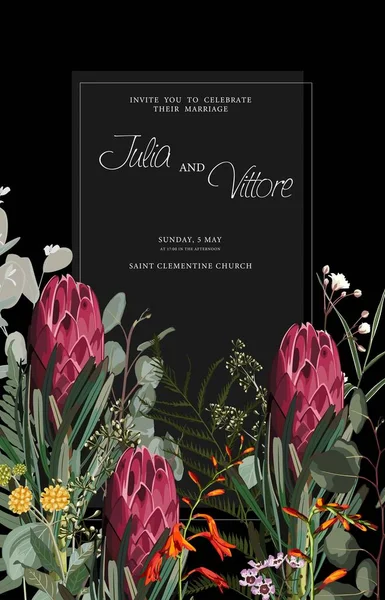 Ilustração Flores Protea Tropicais Ervas Para Convites Casamento Cartões Aniversário — Vetor de Stock