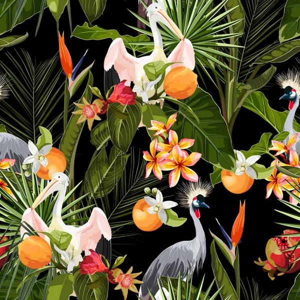 Seamless pattern with jungle plants, liana, leaves, flowers and exotic crane bird animals. Illustration on black background.