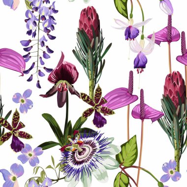 Mor bordo çiçekleri. Bir sürü mor parlak çiçek ve palmiye yapraklarıyla kusursuz çiçek deseni. Beyaz zemin üzerinde tropik desen. 