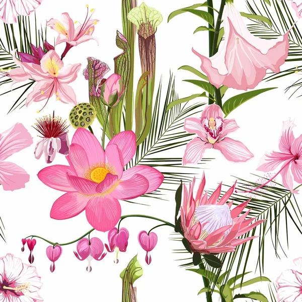 Roze Bloemen Naadloos Bloemenpatroon Met Vele Soorten Roze Glanzende Bloemen — Stockvector