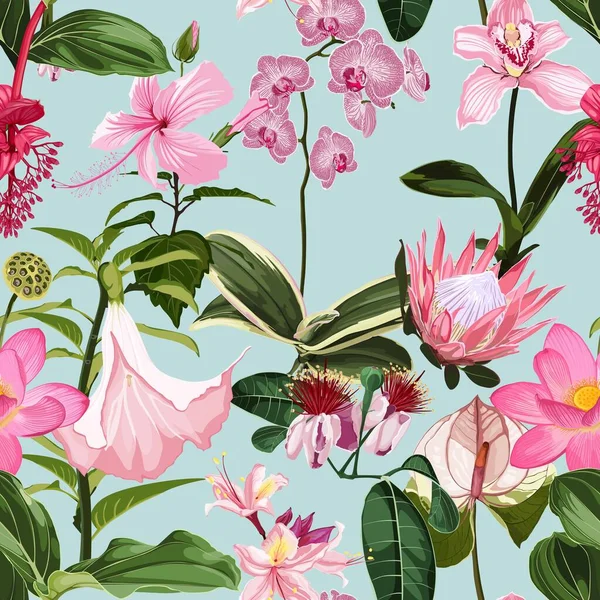 Рожеві Квіти Безшовний Квітковий Візерунок Багатьма Видами Рожевих Глянцевих Квітів — стоковий вектор