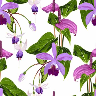 Orkideler, Anthurium çiçekleri. Pembe mor çiçekler ve palmiye yapraklarıyla kusursuz çiçek deseni. Beyaz zemin üzerinde tropik desen. 