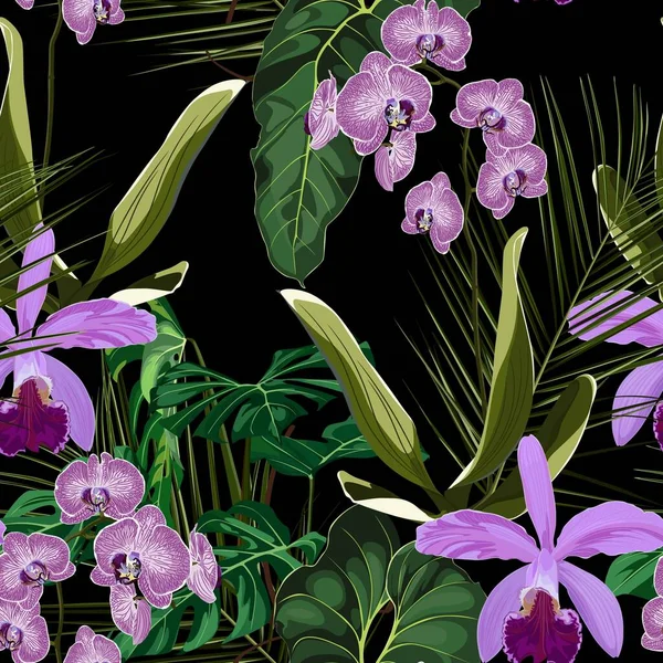 Flores Orquídeas Patrón Floral Sin Costuras Con Flores Brillantes Color — Vector de stock