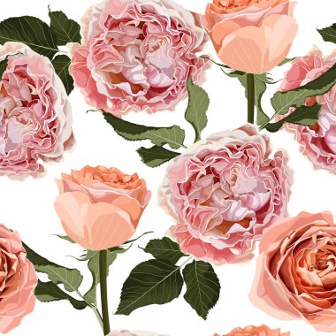 Beyaz arka planda pembe ve kremalı gül çiçekleri olan kusursuz çiçek deseni. Yaz ve bahar motifleri. Modaya uygun çiçek dokusu.