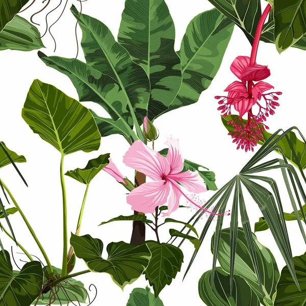 Rosa Hibiskusblommor Sömlöst Blommönster Med Rosa Blanka Blommor Och Palmblad — Stock vektor