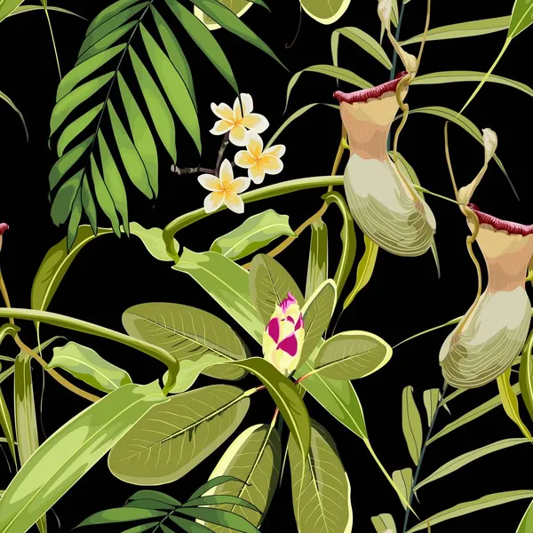 Тропический Бесшовный Рисунок Летняя Печать Леса Джунглей Непентес Род Плотоядных — стоковый вектор