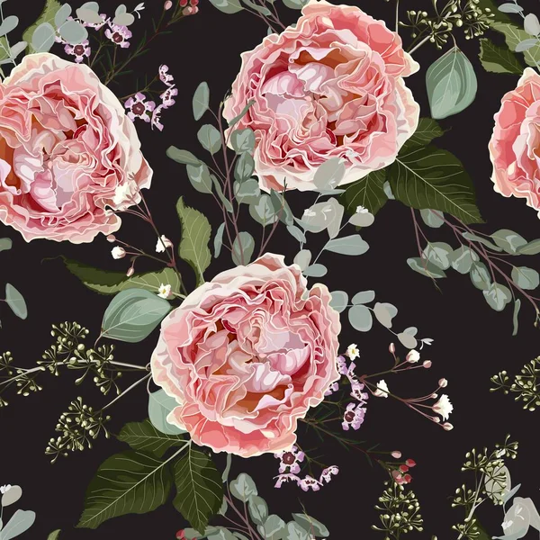 Padrão Floral Sem Costura Com Flores Rosa Rosas Ervas Eucaliptus —  Vetores de Stock