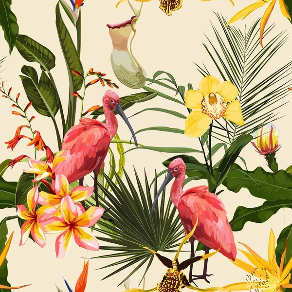 在一片繁茂的热带雨林的灌木丛中 鸟儿鲜红的Ibis 手浸图解 热带黄色奇异的花 天堂之鸟背景 — 图库矢量图片