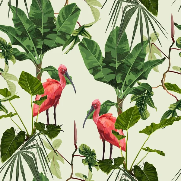 Ptáci Scarlet Ibis Houštinách Kvetoucího Deštného Pralesa Ruční Ilustrace Utopení — Stockový vektor