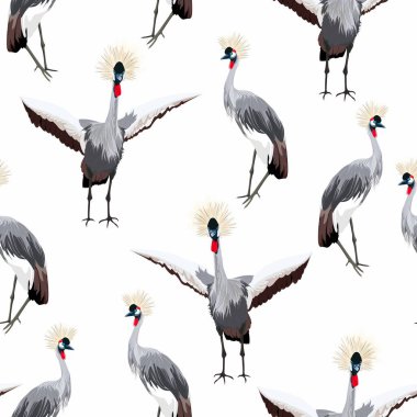 Japon vinçleri ile kusursuz desen. Japon kızıl başlı turnalar. Hassas ve kusursuz vektör deseni. Kumaş ve duvar kağıdı için kare yineleyici tasarım.