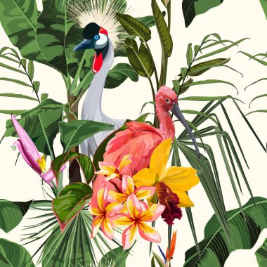Japon turna kuşu, Ibis ve egzotik çiçekler, palmiye yaprakları, beyaz arka plan. Çiçeksiz desen. Tropik illüstrasyon. Egzotik bitkiler, kuşlar. Yaz plajı tasarımı. Cennet doğası.