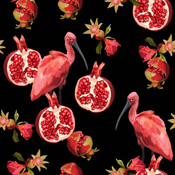 Frutta Tropicale Senza Soluzione Continuità Scarlatto Ibis Uccello Pattern Melograno — Vettoriale Stock