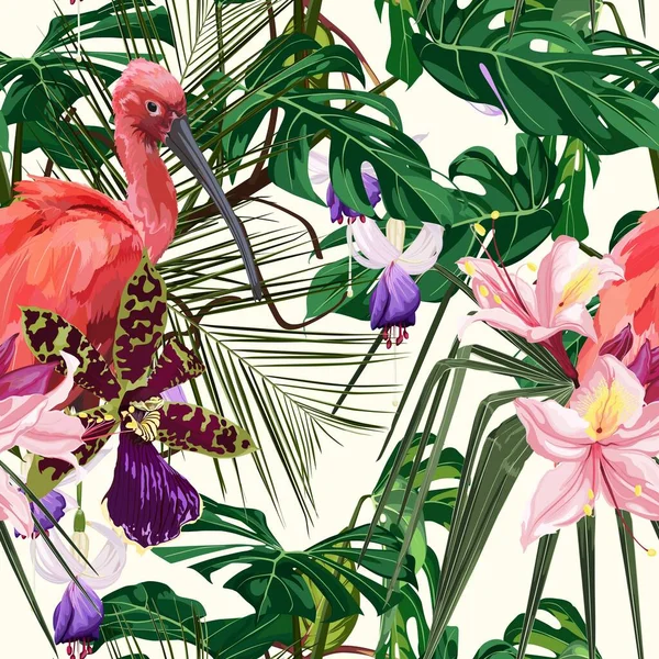 Ptáci Scarlet Ibis Houštinách Kvetoucího Deštného Pralesa Ručně Kreslená Ilustrace — Stockový vektor