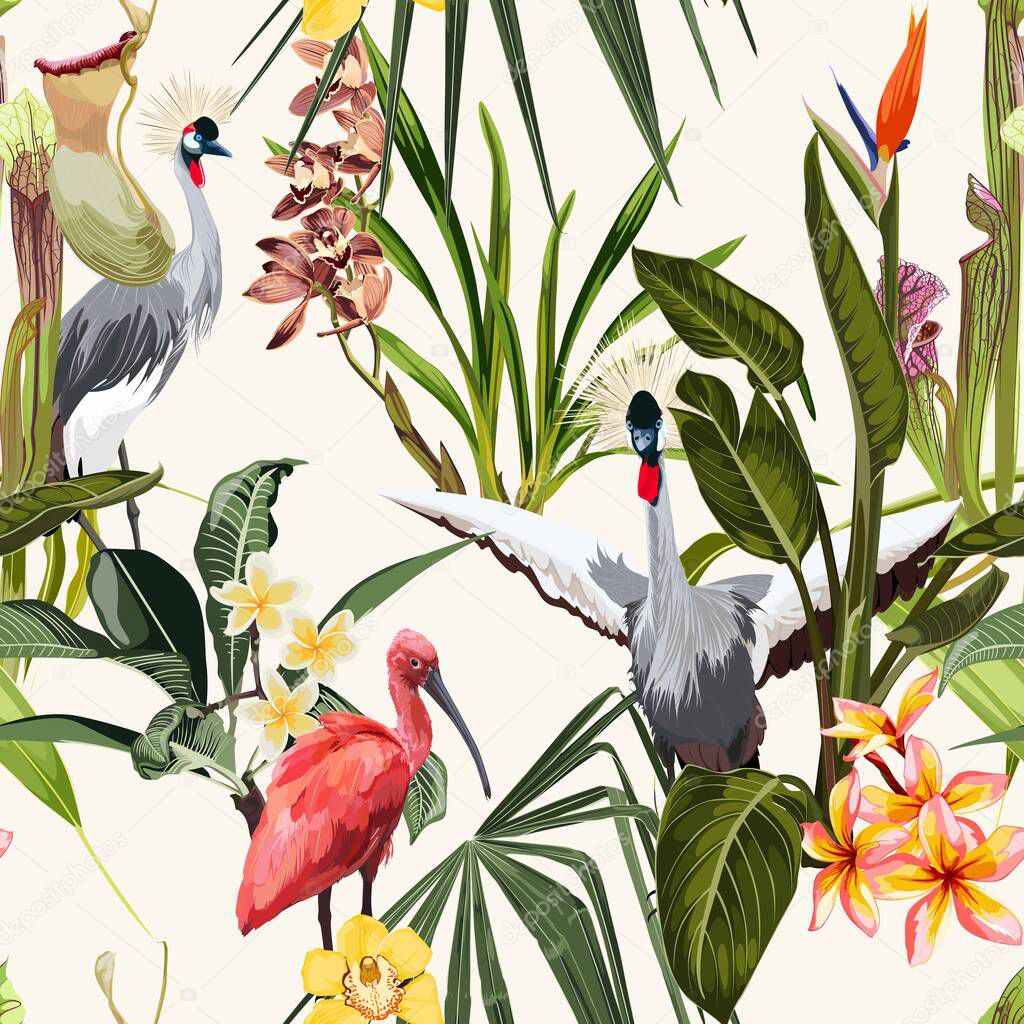 Japanese crane bird, Ibis and exotic flowers, palm leaves, light background. Floral seamless pattern. Tropical illustration. Exotic plants, birds. Summer beach design. Paradise nature.