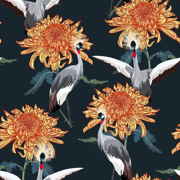 Motif Sans Couture Avec Grues Blanches Japonaises Chrysanthème Paillettes Brodées — Image vectorielle