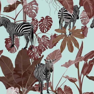 Tropik, soyut kahverengi yapraklar ve bitkiler, zebra, yabani hayvan çiçekleri, klasik mavi arka planda dikişsiz desen. Egzotik safari gece duvar kağıdı.