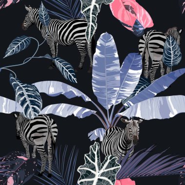 Tropikal soyut mavi menekşe yaprakları ve bitkiler, zebra yaban hayatı çiçekli ve klasik mavi arka planda dikişsiz desen. Egzotik safari gece duvar kağıdı.