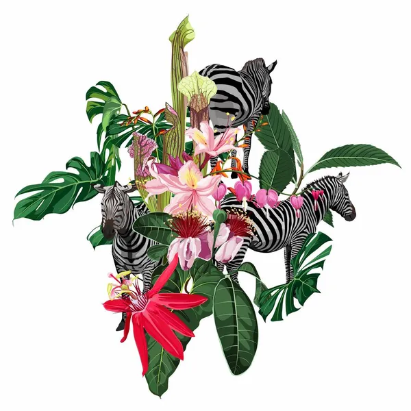 Abstract Nature Banner Background Растения Джунглей Тропические Цветы Зебра Мультяшных — стоковый вектор