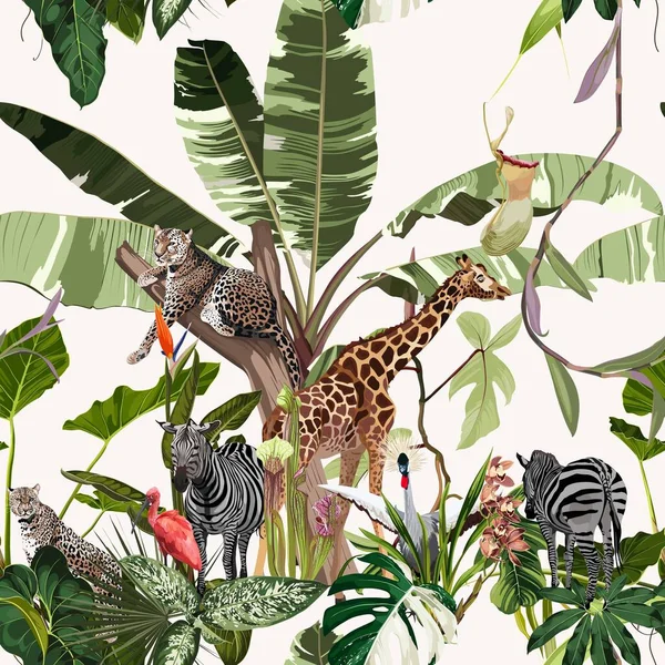 Tropická Divoká Zvířata Plameňáky Zebry Žirafy Palmy Banány Květinové Bezešvé — Stockový vektor
