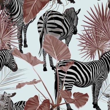 Tropikal çiçek yaprakları, kahverengi palmiye muz bitkisi ve yapraklar, mavi arka planda zebra vahşi hayvan çiçeksiz desen. Egzotik safari duvar kağıdı.